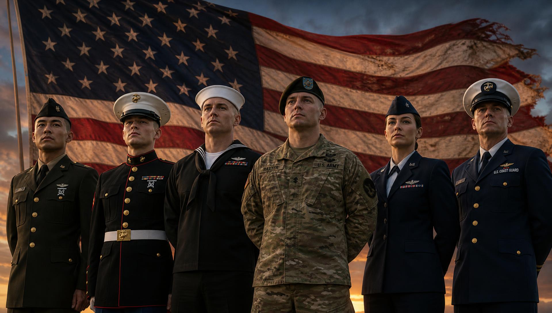 United States veterans standing before a waving American flag at dusk